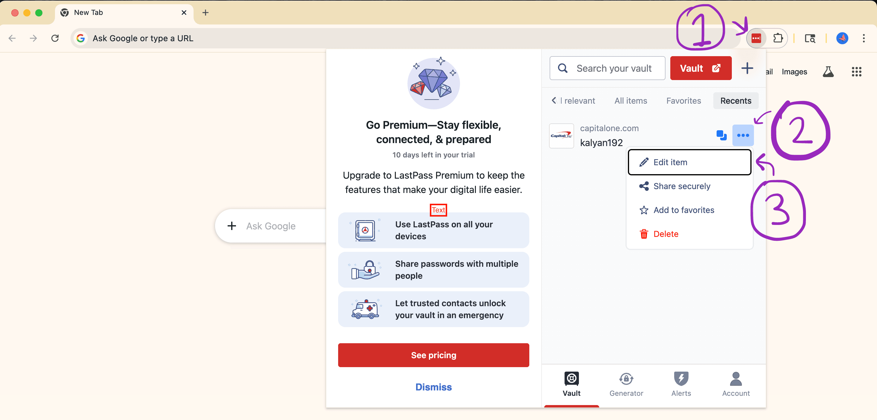 LastPass extension popup with the entry's three-dot menu open, showing the Edit item option